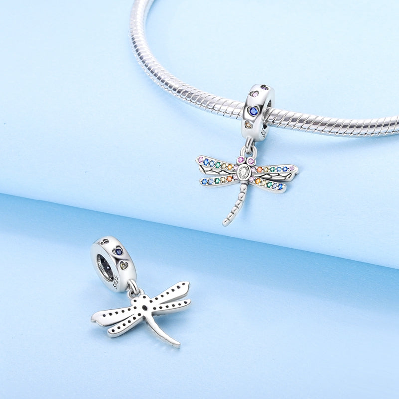 Rainbow Dragonfly Silver Charm